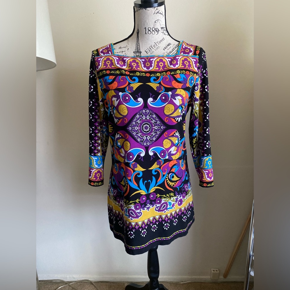 Peck & Peck paisley black purple mini dress tunic top mod 60s 70s retro